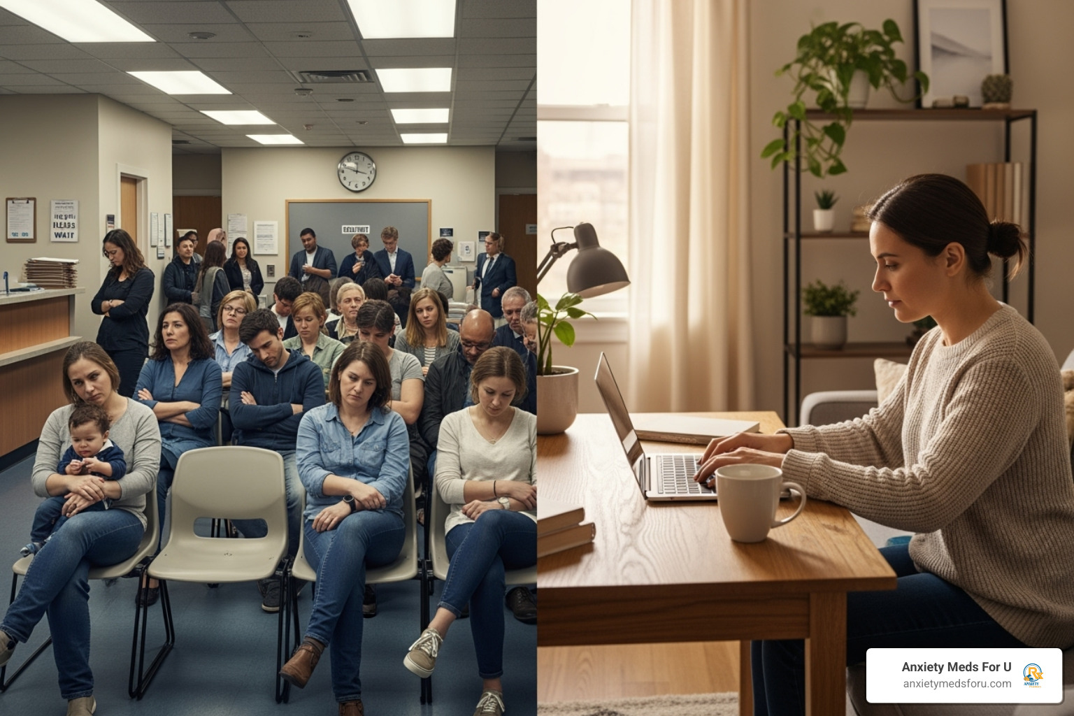 A frustrating waiting room contrasted with someone easily ordering on a laptop - how to get anxiety meds