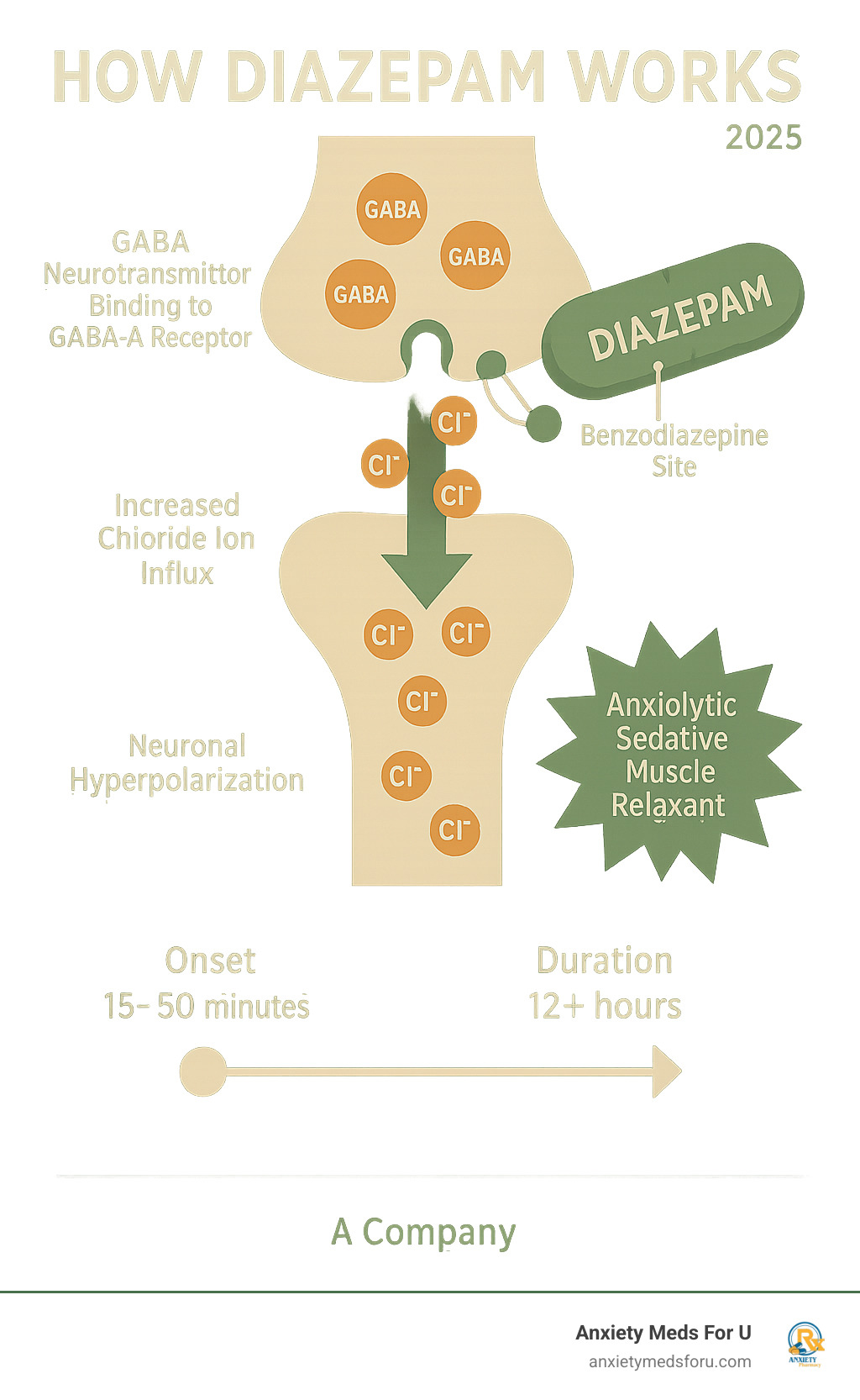 Detailed infographic showing diazepam's mechanism: GABA neurotransmitter binding to GABA-A receptors, diazepam enhancing this binding at benzodiazepine sites, increased chloride ion influx causing neuronal hyperpolarization, resulting in anxiolytic, sedative, muscle relaxant and anticonvulsant effects with timeline showing 15-60 minute onset and 12+ hour duration - how diazepam works infographic 