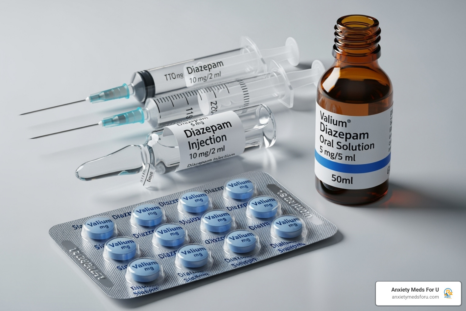 different forms of diazepam (oral tablet, liquid solution, injection) - diazepam used for