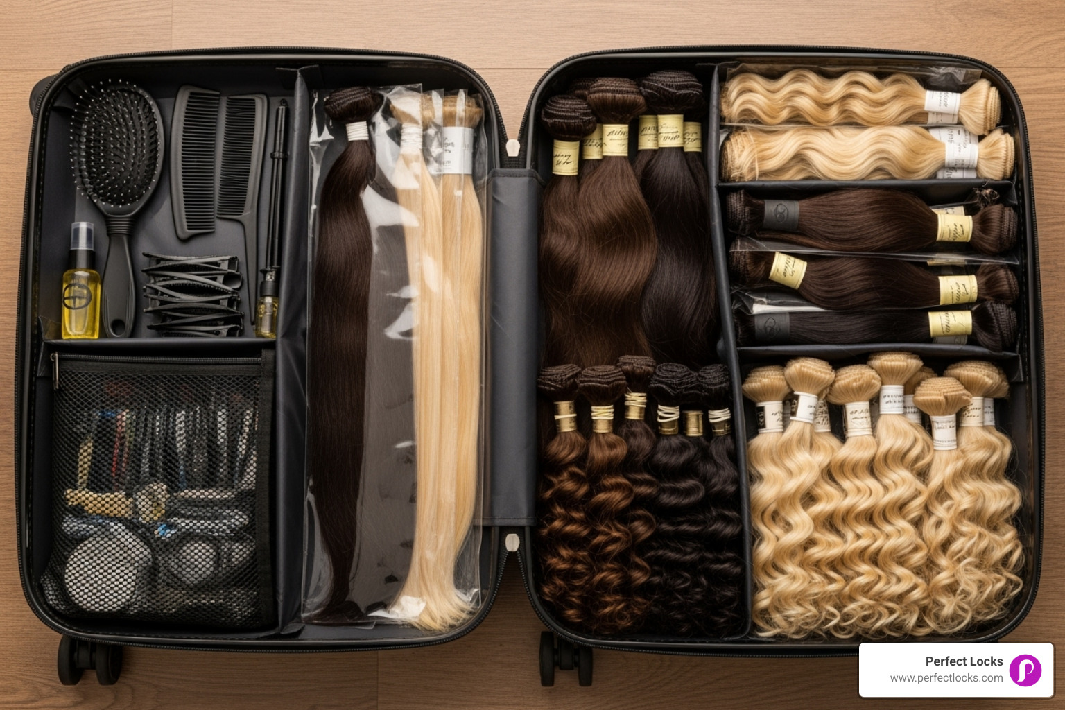 carry-on suitcase with neatly packed hair extensions visible - traveling with hair extensions