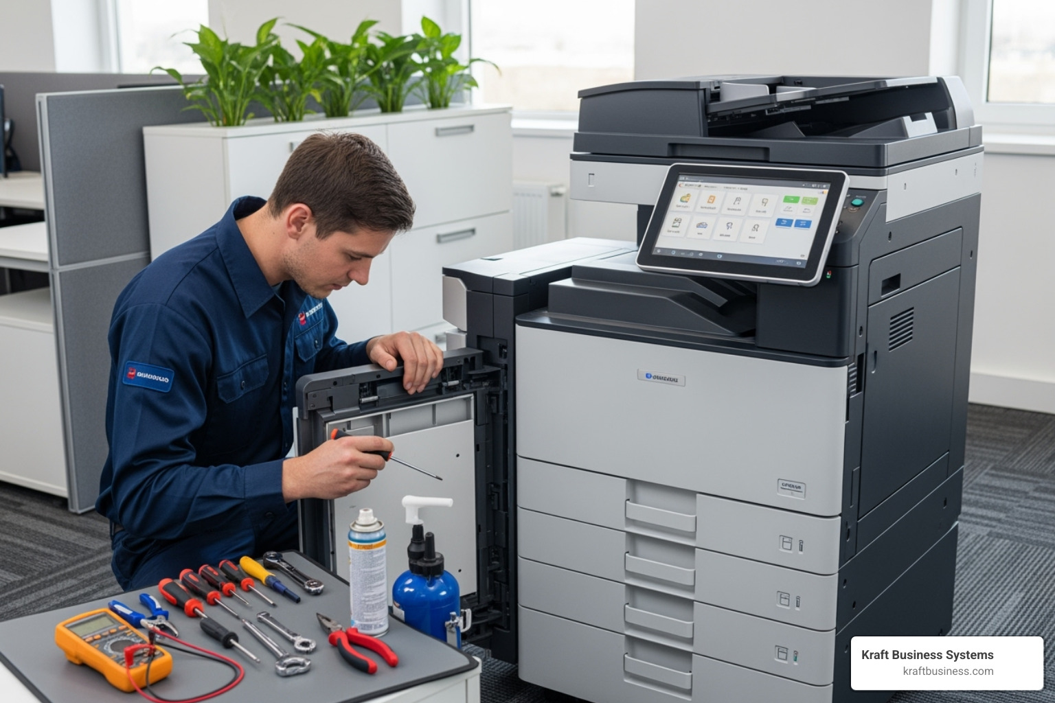 service technician performing maintenance on a commercial copier - commercial printer leasing