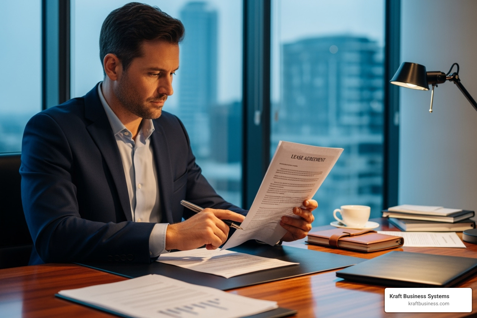 business owner reviewing a lease agreement document - commercial printer leasing
