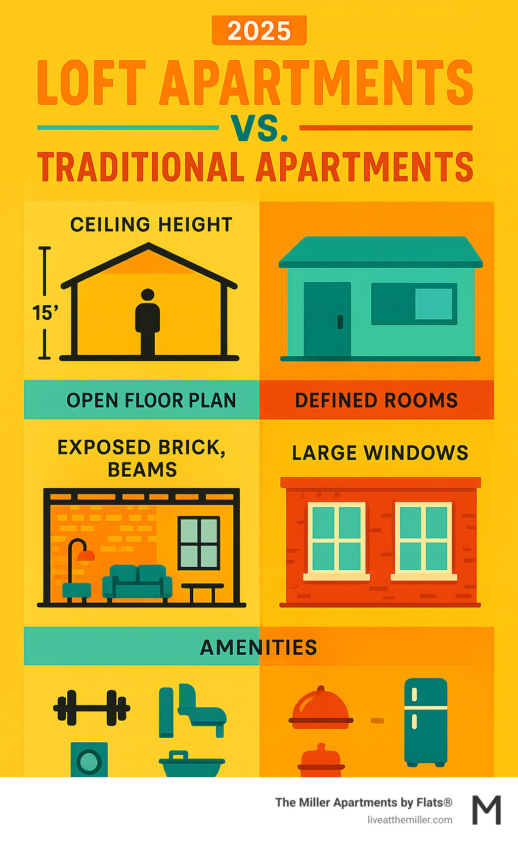 Infographic showing the key differences between loft apartments and traditional apartments, including ceiling height comparisons, open floor plan layouts, exposed structural elements like brick walls and beams, large window sizes, and typical amenities found in each type of housing - lofts near me infographic 