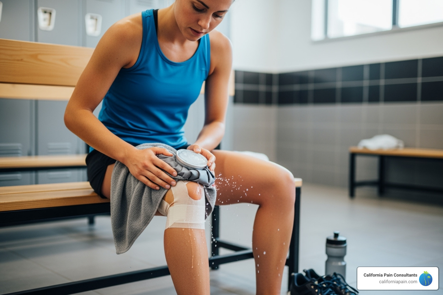 athlete applying an ice pack to their knee - pain relief for athletes
