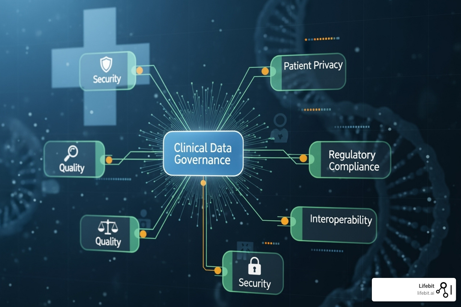 Image illustrating the pillars of data governance: People, Policies, and Technology - Clinical data governance