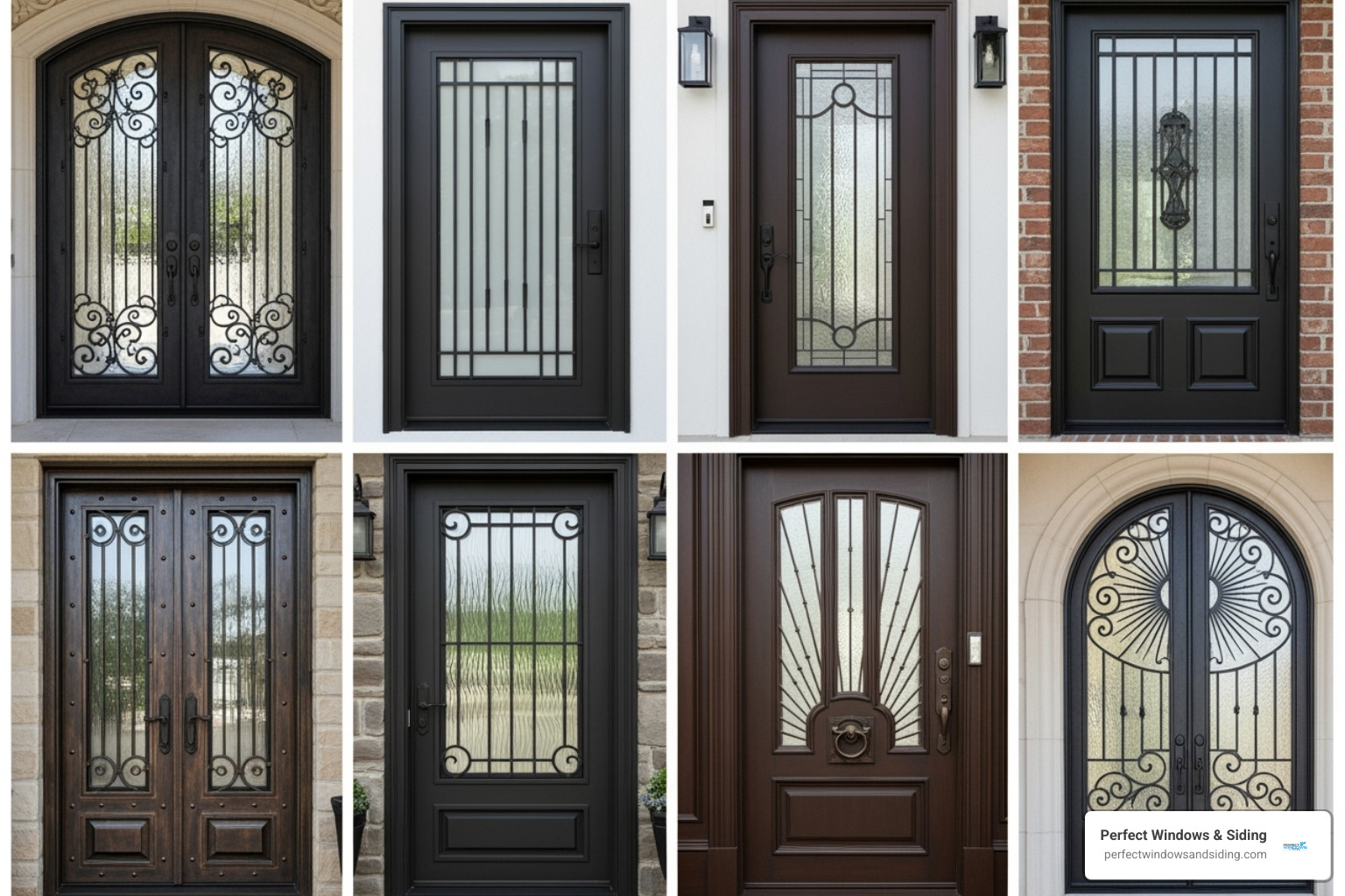 Collage showcasing different iron door styles, glass textures, and hardware finishes - custom iron entry doors
