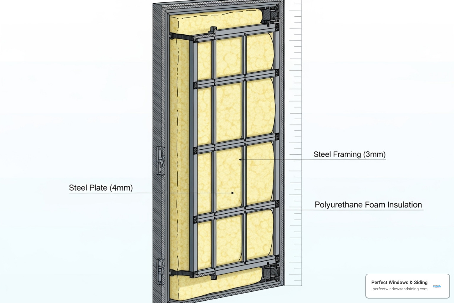 Cross-section of an iron door showing insulation and steel gauge - custom iron entry doors