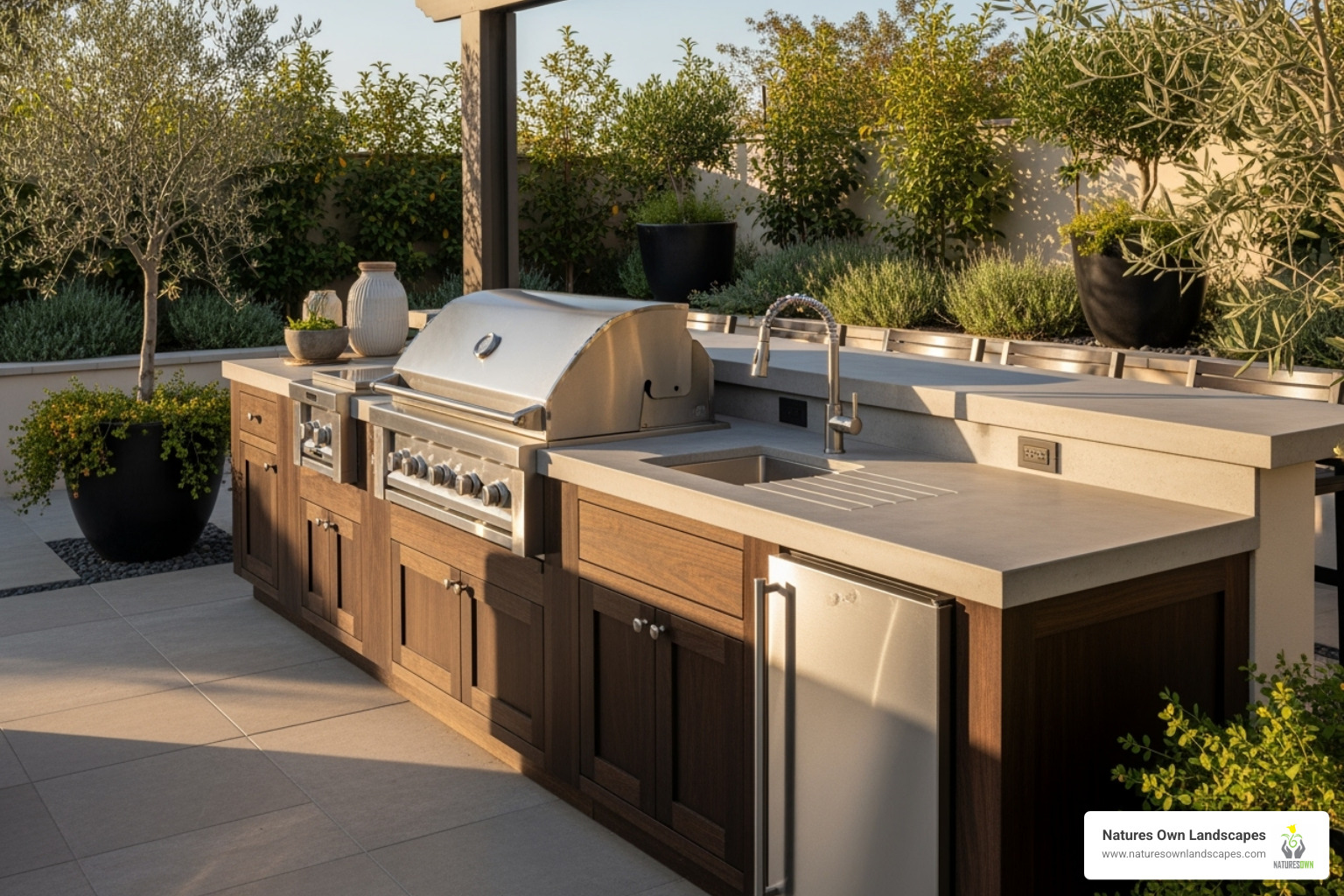 Modern outdoor kitchen with built-in grill and sleek concrete countertops - hardscape designs for backyards Modern outdoor kitchen with built-in grill and sleek concrete countertops - hardscape designs for backyards