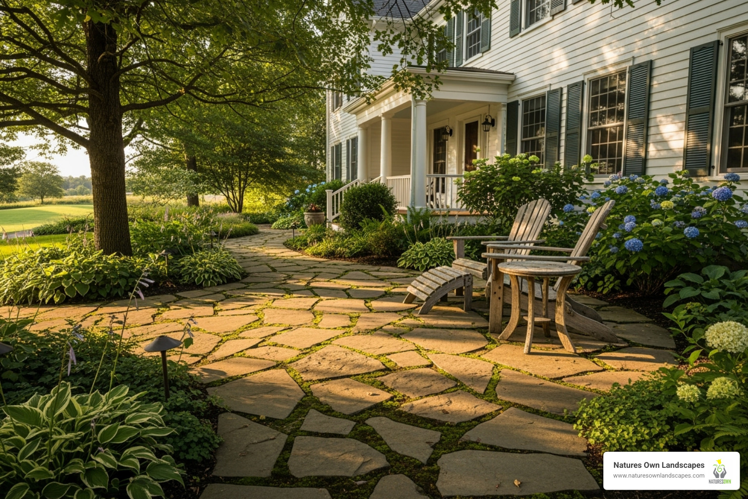 Rustic flagstone patio complementing a traditional home - hardscape designs for backyards Rustic flagstone patio complementing a traditional home - hardscape designs for backyards