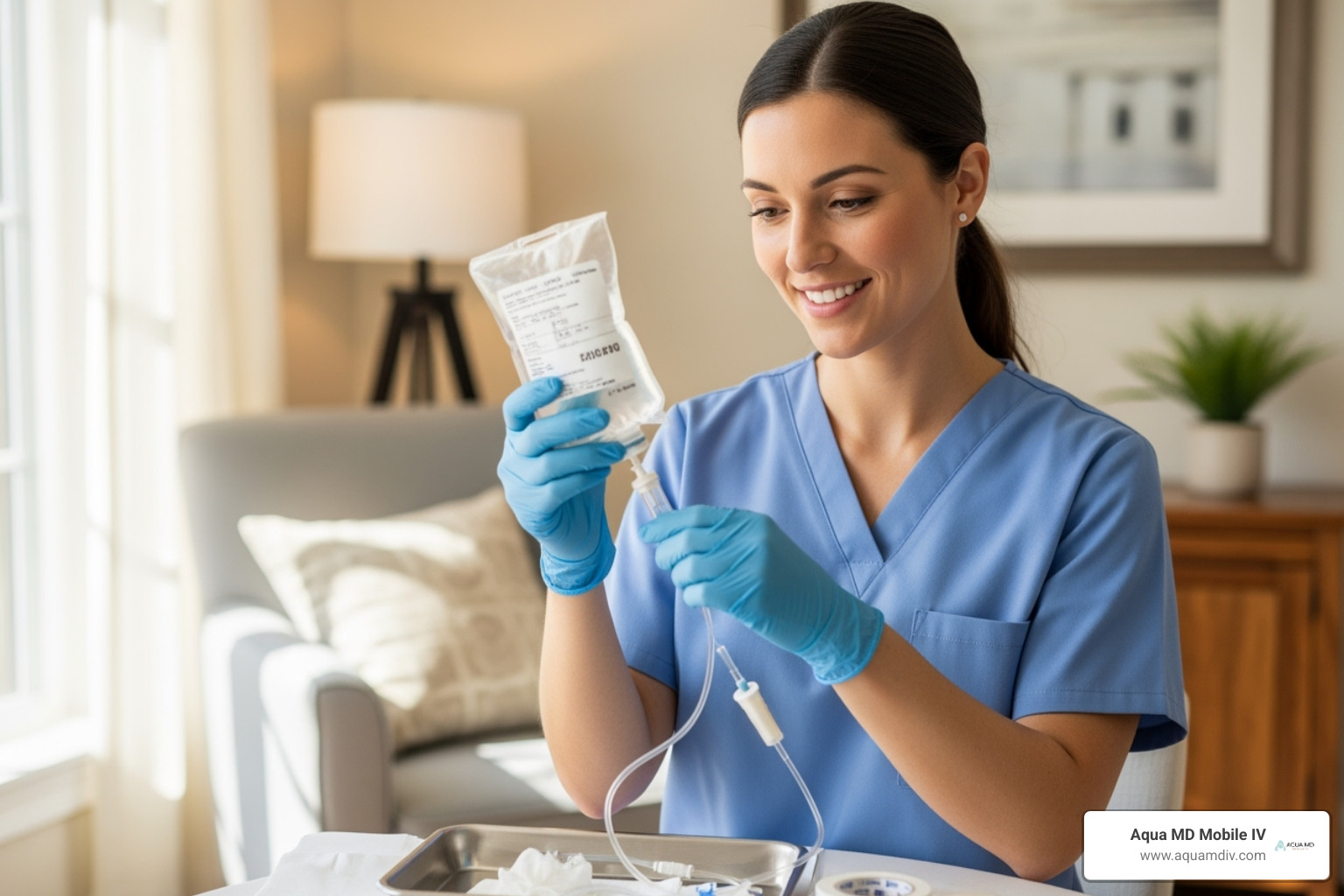 friendly nurse preparing an IV kit in a home setting - at home iv fluids