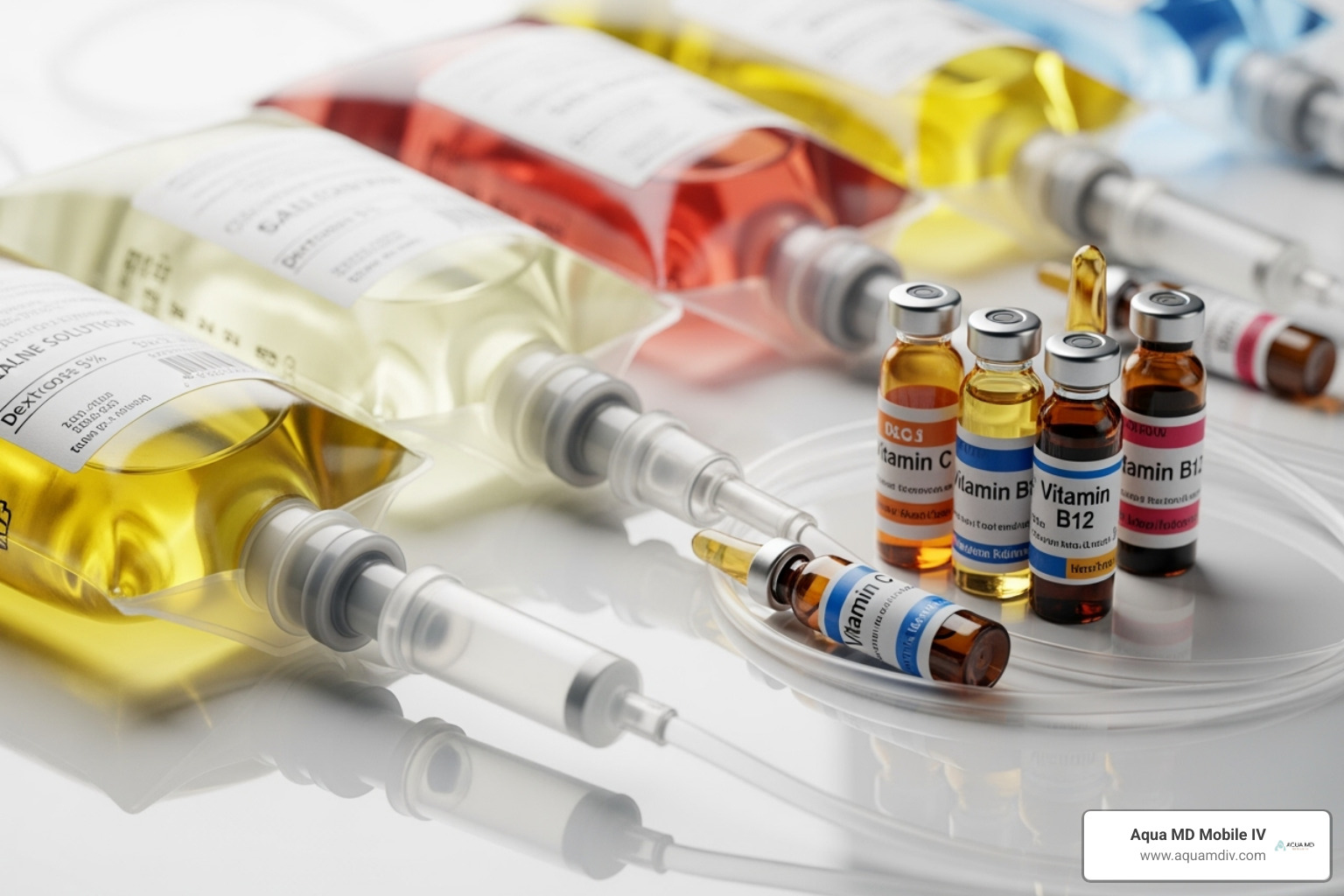 different IV bags and vitamin vials - at home iv fluids