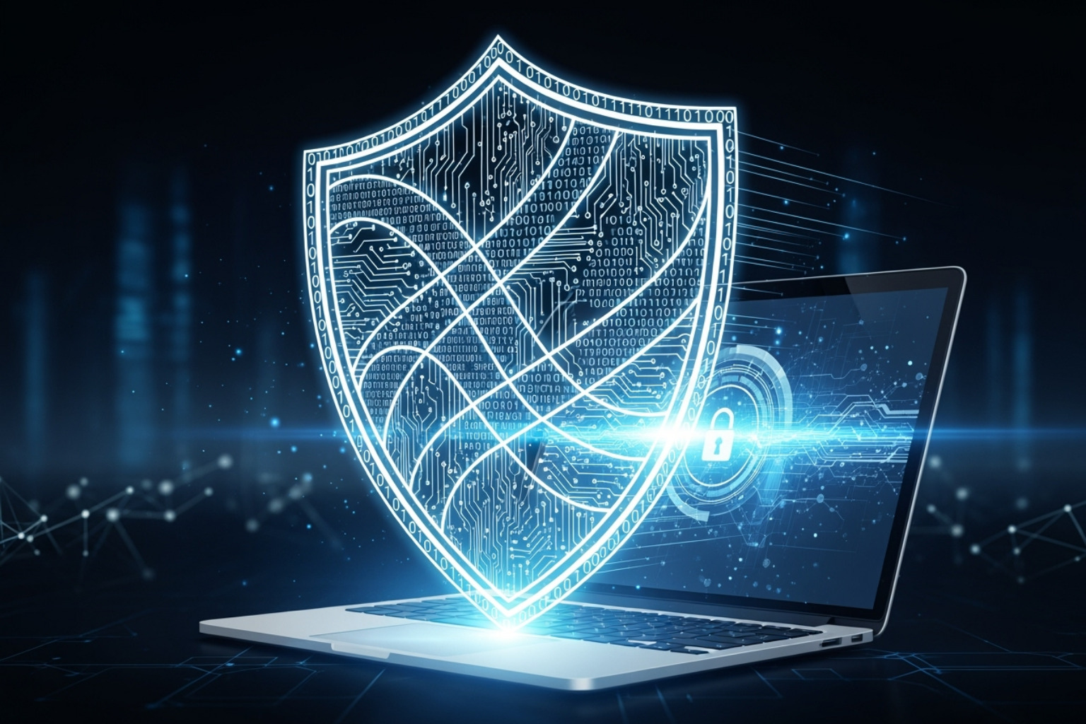 A digital shield icon protecting a laptop, symbolizing online security and data protection - streameast