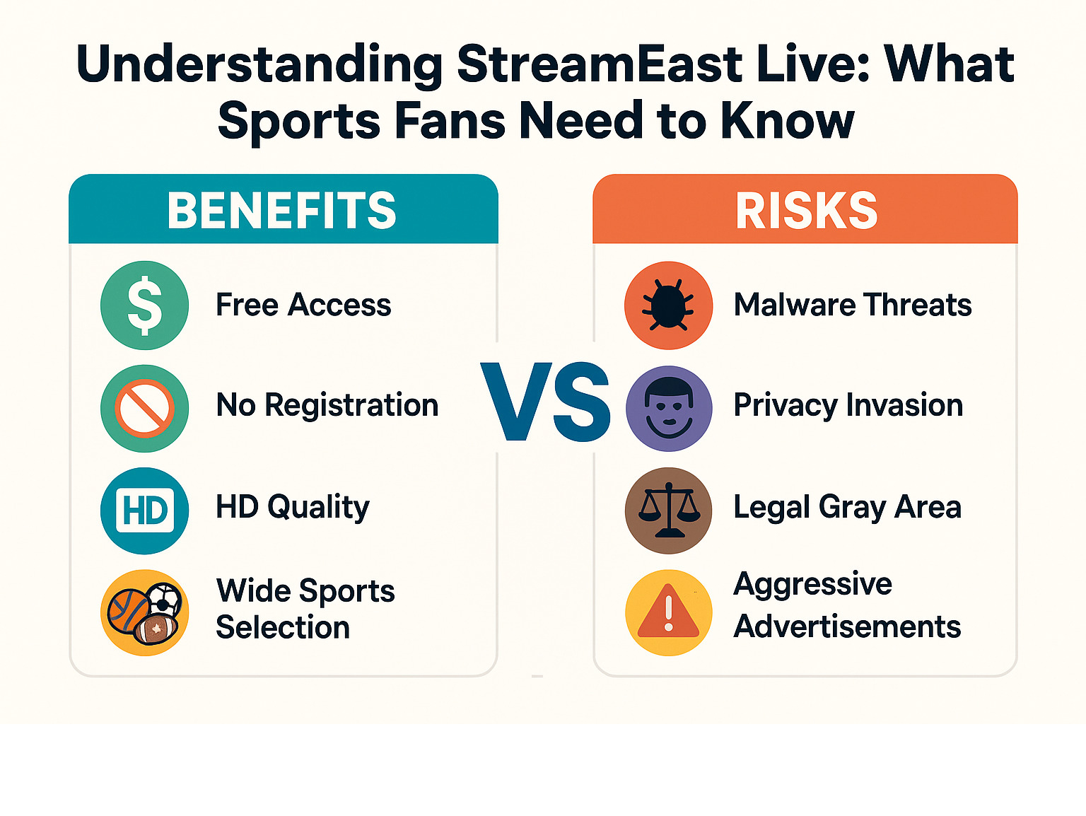 Infographic showing the comparison between StreamEast Live benefits (free access, no registration, HD quality, wide sports selection) versus risks (malware threats, privacy invasion, legal gray area, aggressive advertisements, potential ISP warnings) – streameast live infographic