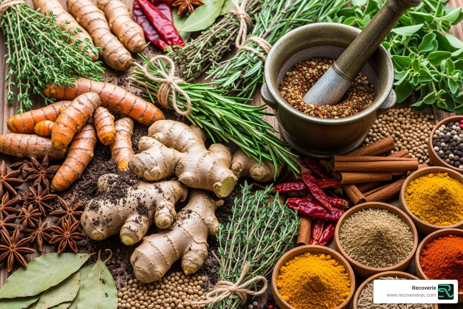 assorted herbs and spices like turmeric and ginger - Natural healing methods