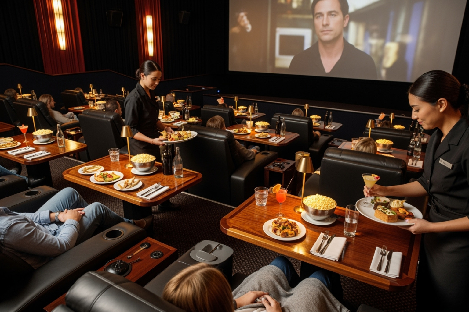 luxury dine-in movie theater with reclining seats and food - movies near me