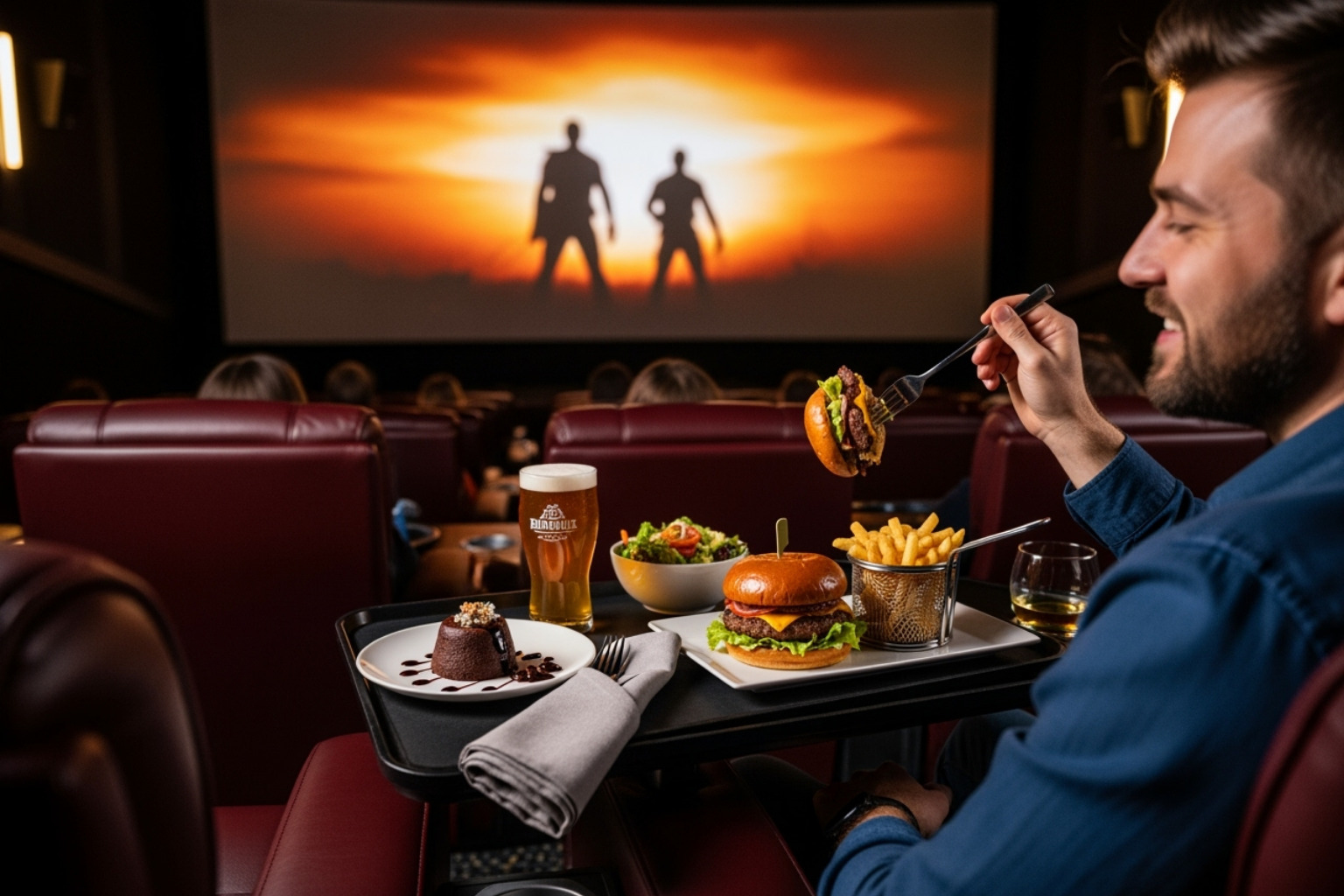 moviegoer enjoying a meal in a dine-in theater seat - movies near me