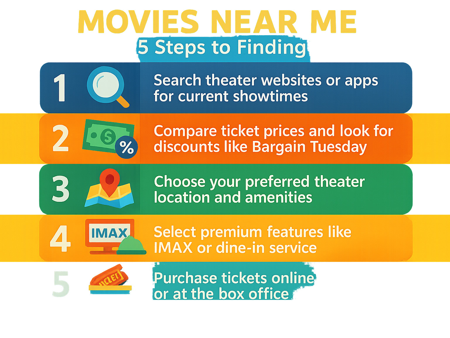 Infographic showing the 5 steps to finding movies near me: 1) Search theater websites or apps for current showtimes, 2) Compare ticket prices and look for discounts like Bargain Tuesday, 3) Choose your preferred theater location and amenities, 4) Select premium features like IMAX or dine-in service, 5) Purchase tickets online or at the box office - movies near me infographic 
