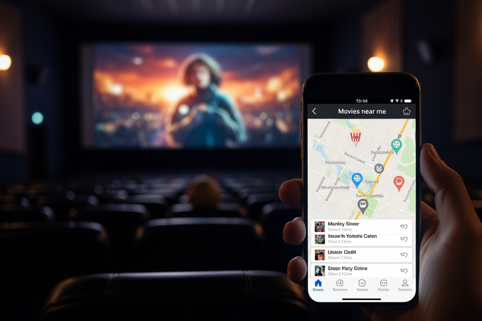 smartphone screen showing a movie finder app interface - movies near me