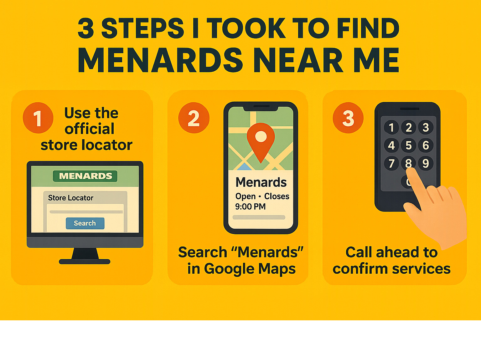 Infographic showing 3 steps to find Menards: Step 1 shows a computer with store locator website, Step 2 shows a smartphone with Google Maps displaying Menards location and hours, Step 3 shows a phone with finger dialing to confirm services like truck rental and garden center availability - menards near me infographic 