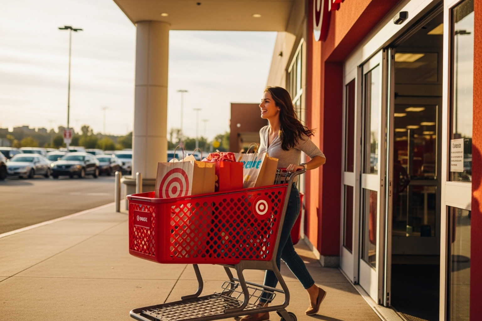 A happy shopper leaving Target with their signature red cart, filled with bags - target near me