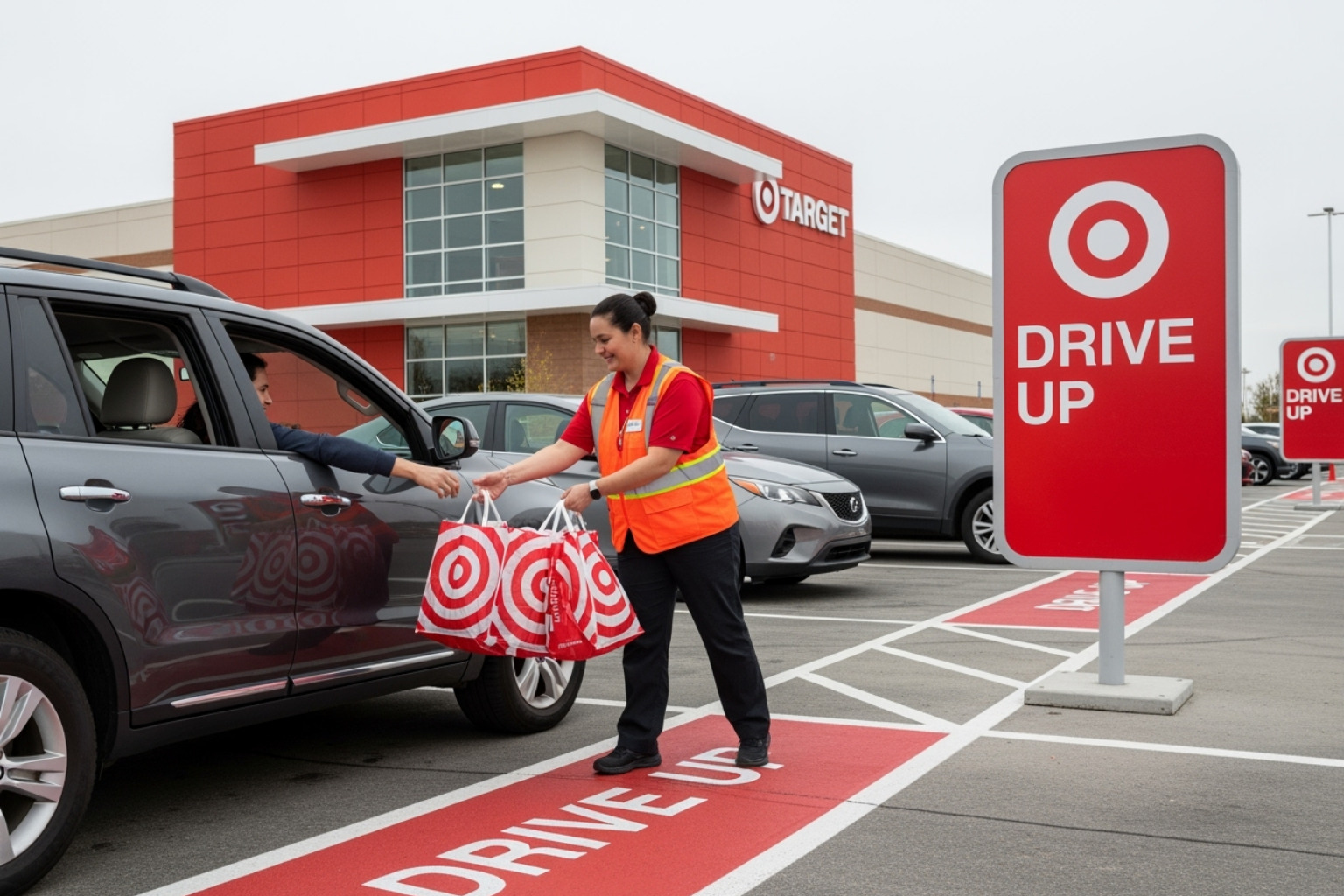 A Target employee delivering a Drive Up order to a car in the designated parking area - target near me