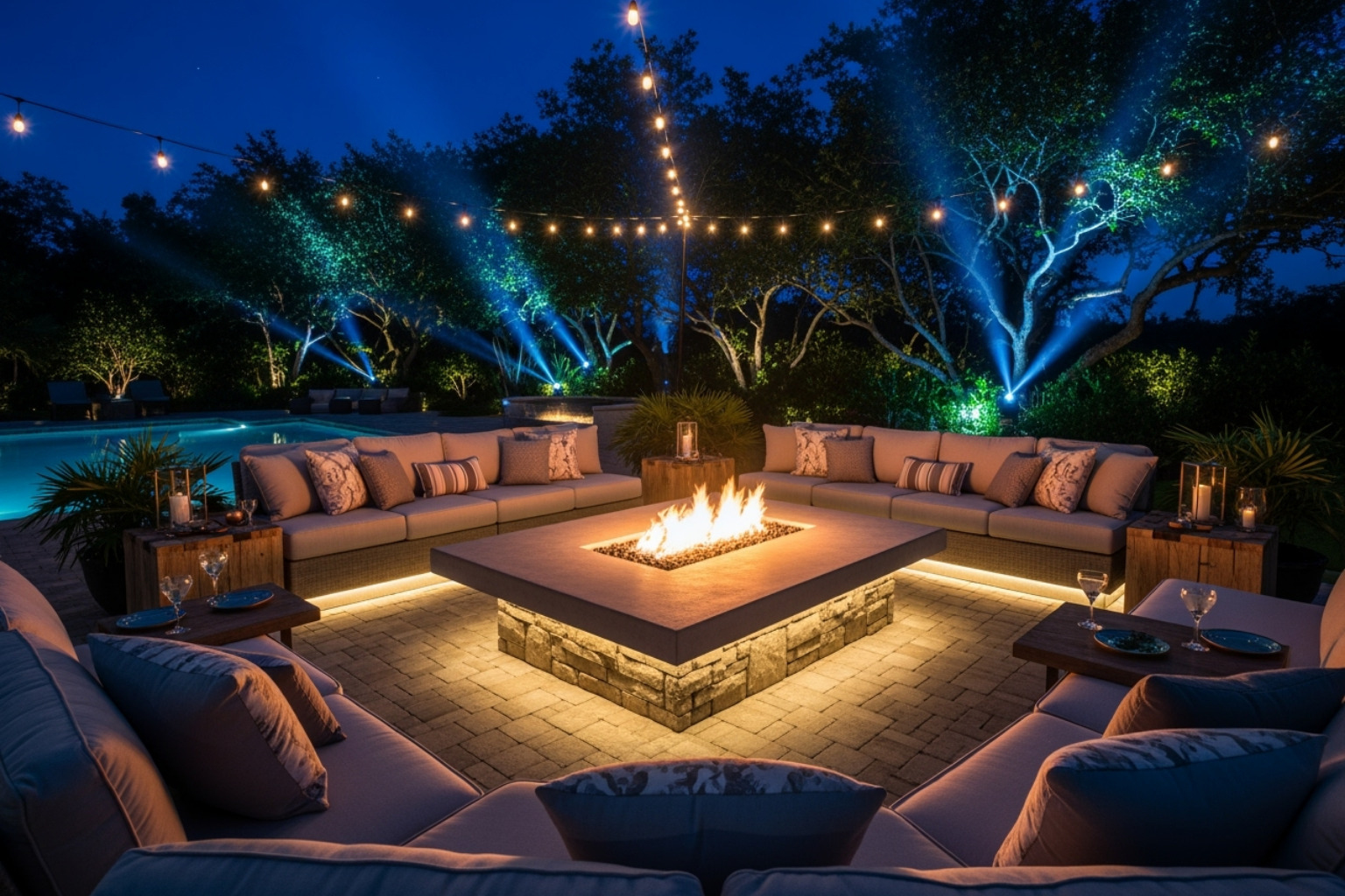 The Love Island USA villa fire pit area at night, where dramatic exits took place. - love island usa season 7