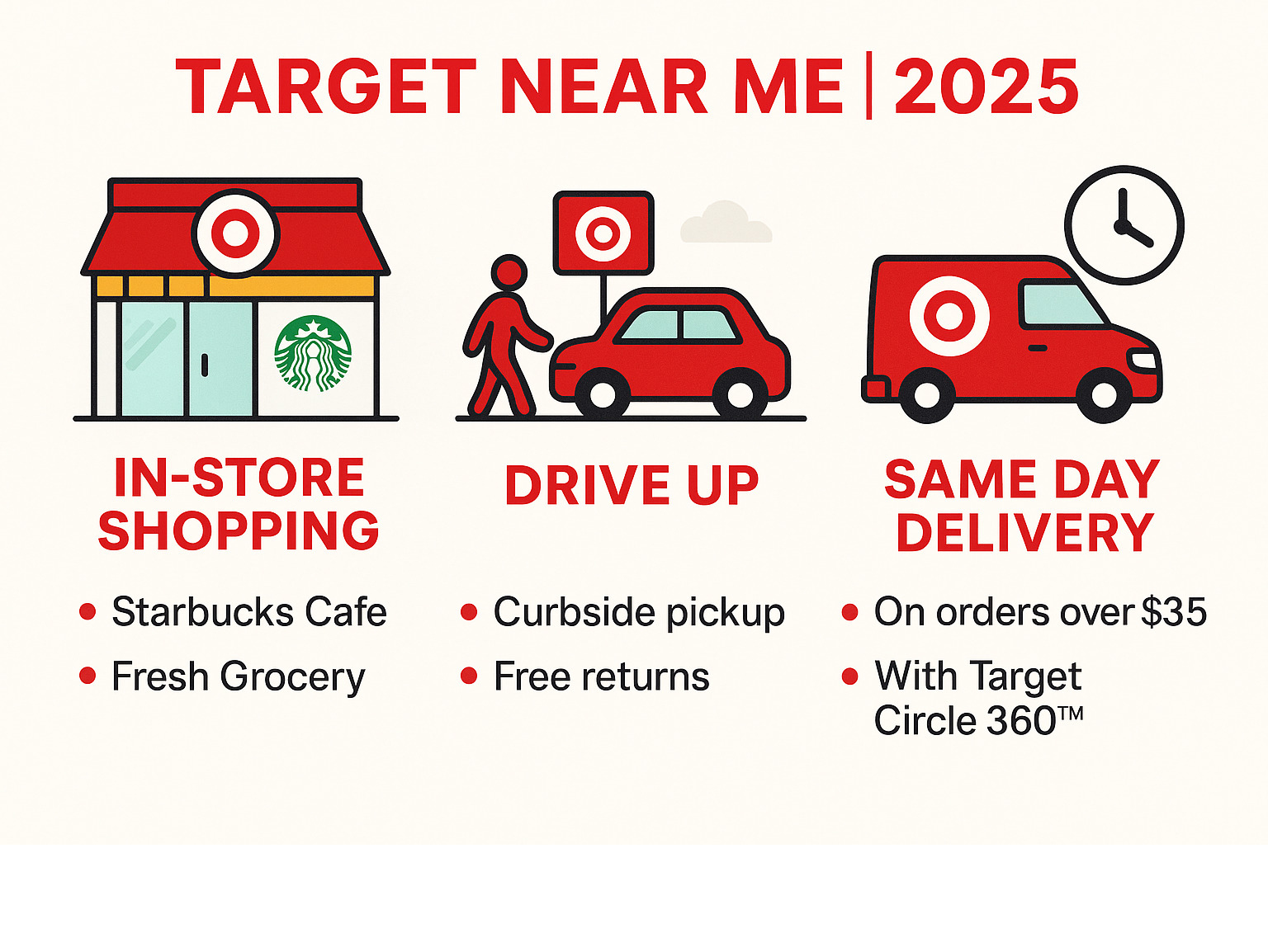 Comprehensive infographic showing Target's three main shopping methods: In-Store Shopping with amenities like Starbucks Cafe and Fresh Grocery sections, Drive Up service with curbside pickup and free returns, and Same Day Delivery available on orders over $35 with Target Circle 360 membership - target near me infographic 