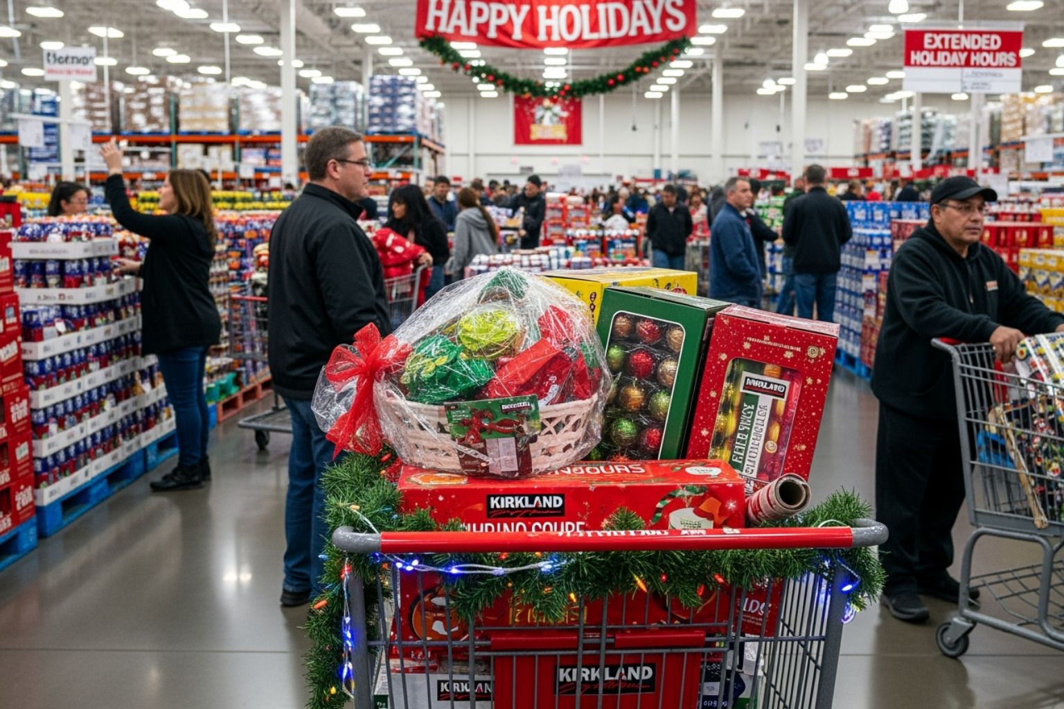 A brightly lit Costco aisle with a holiday-themed shopping cart, suggesting seasonal shopping and special hours - costco hours