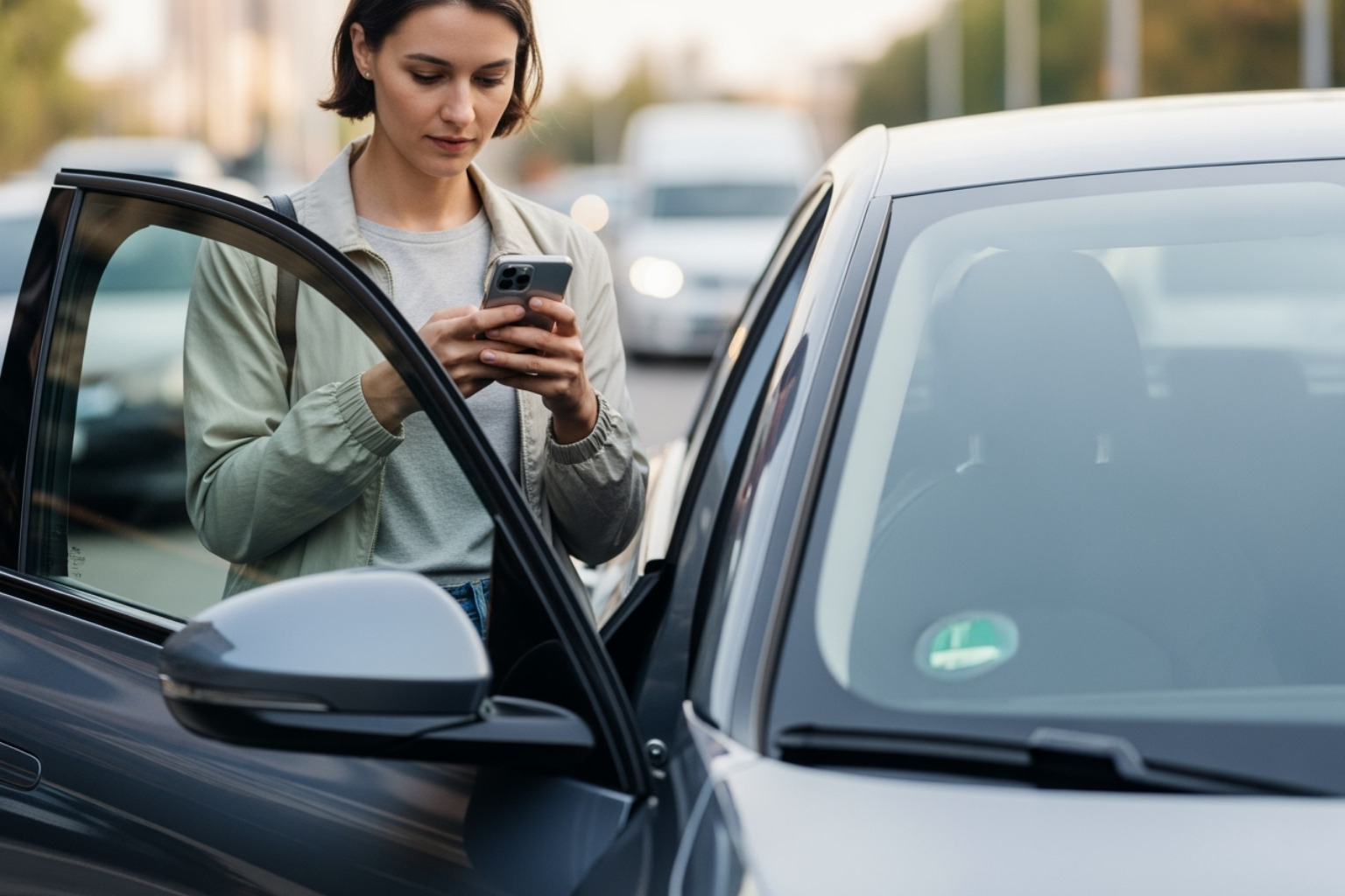 A person checking their phone for store hours before entering a car, demonstrating the convenience of digital tools for planning a visit - costco hours