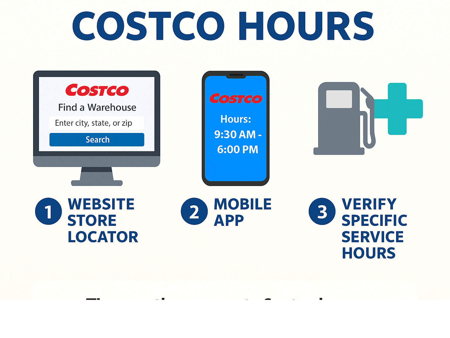 Infographic showing three methods to find Costco hours: a computer screen representing the website store locator, a smartphone displaying the Costco mobile app, and icons for different departments like a gas pump and pharmacy cross for verifying specific service hours - costco hours infographic 