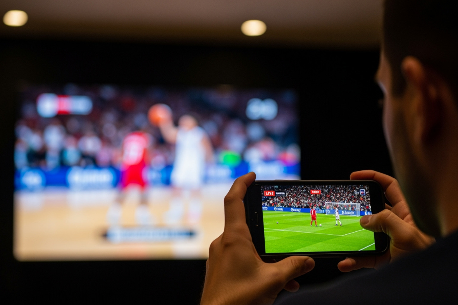 Person watching a game on their phone with a TV in the background - streameast live