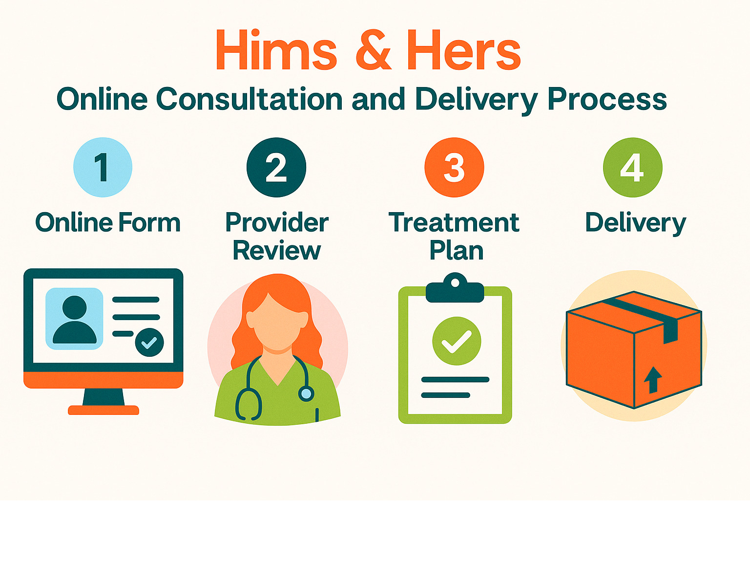 Infographic explaining the Hims & Hers online consultation and delivery process - hims stock infographic 