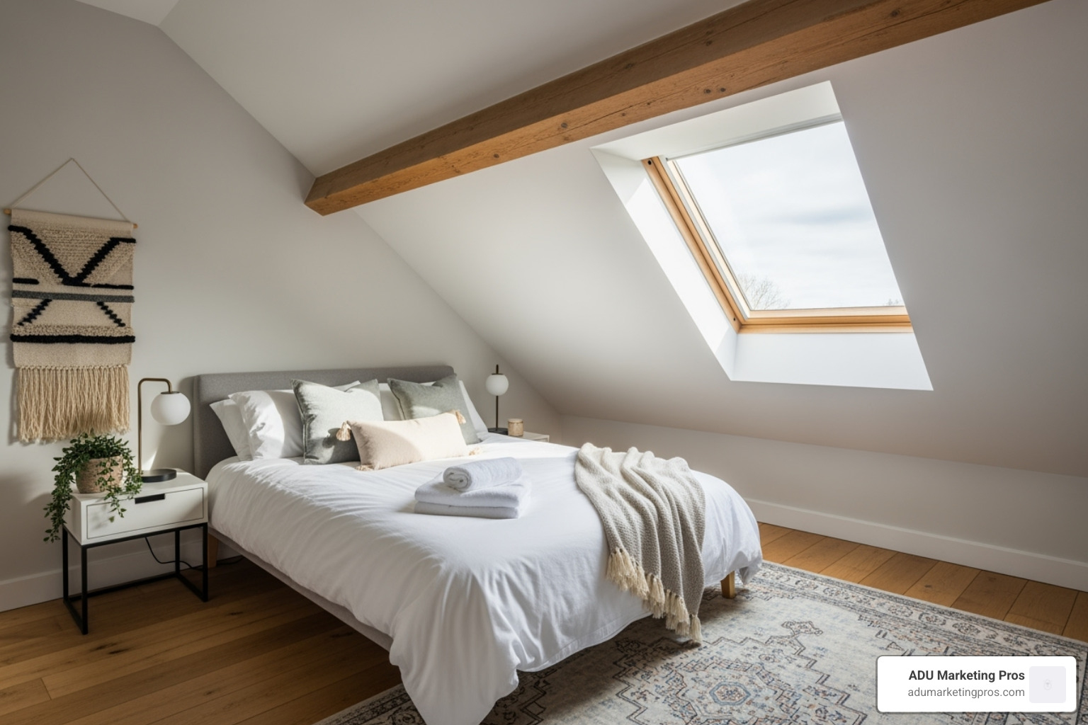 Image of a stylishly converted attic bedroom - housing addition