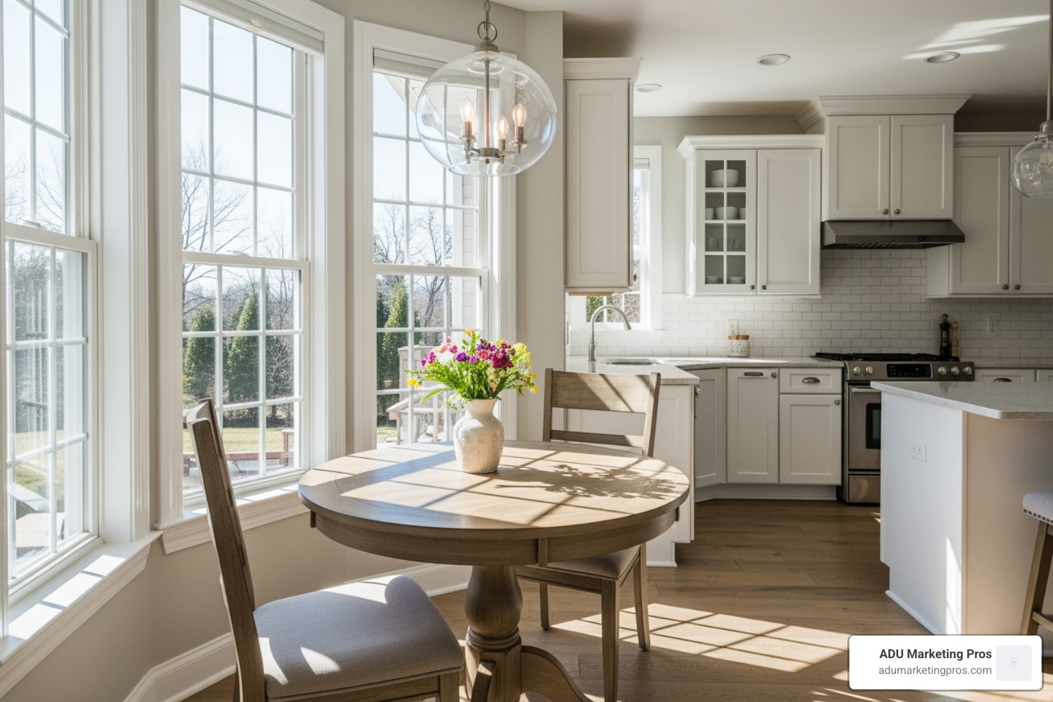 Image of a kitchen bump-out creating a bright breakfast nook - housing addition