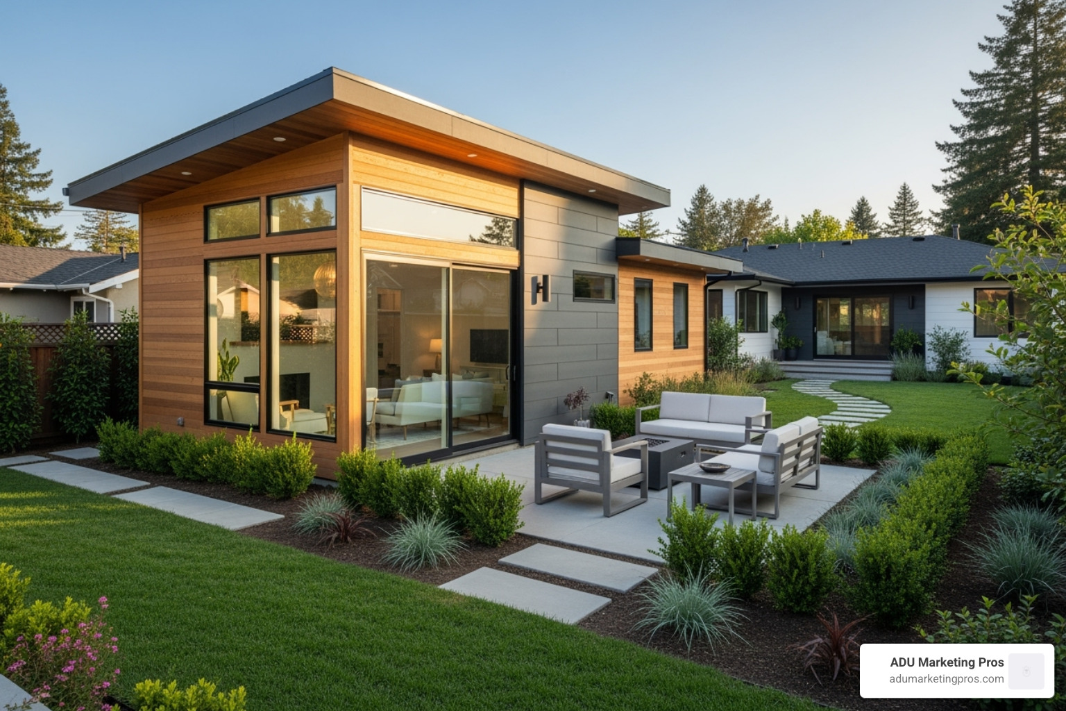 Image of a modern, detached ADU in a backyard - housing addition