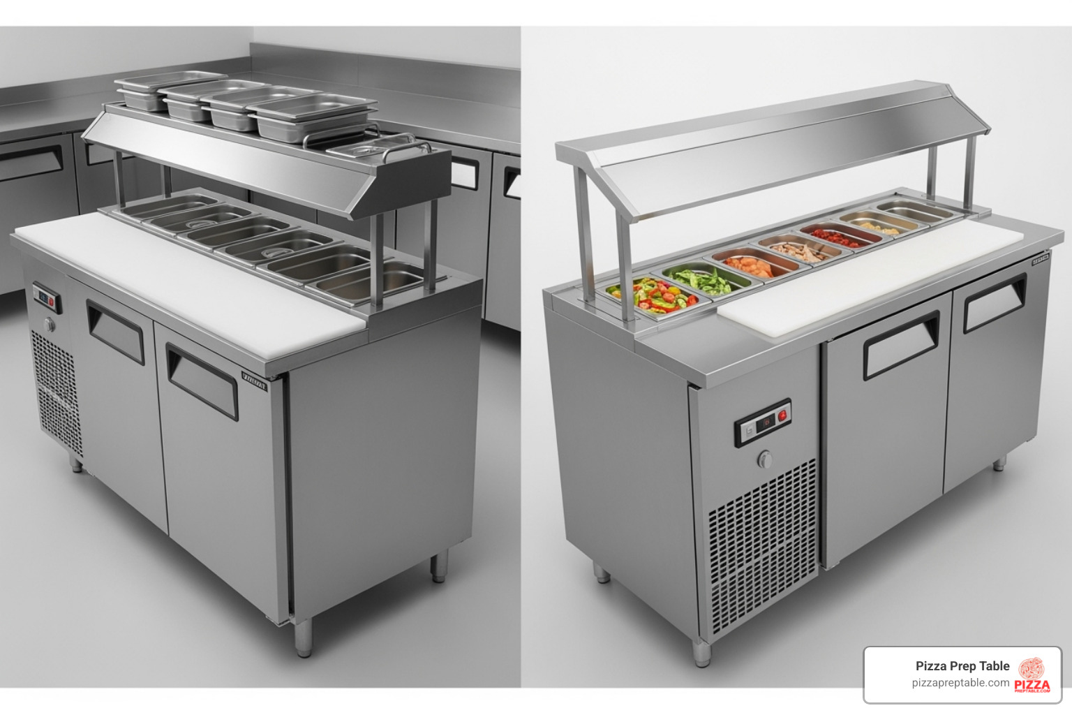 Image comparing a pizza prep table with a raised rail and a sandwich prep table with a recessed rail side-by-side - prep table with fridge