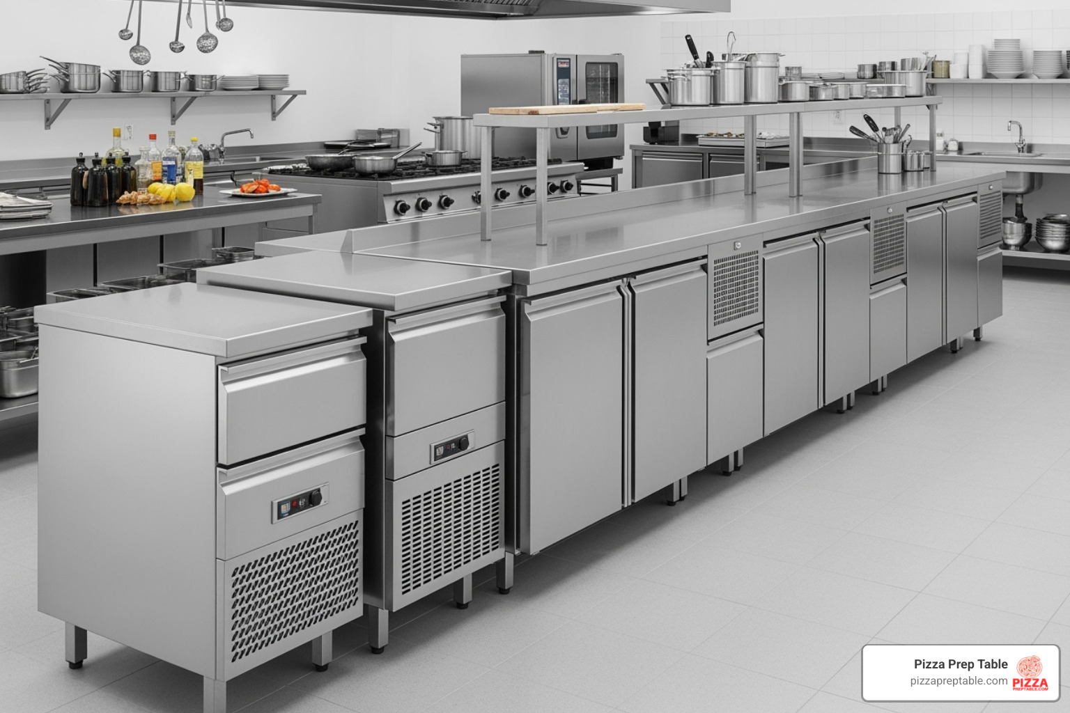 Image showing different sizes of prep tables, from compact 27-inch units to large 93-inch models - prep table with fridge