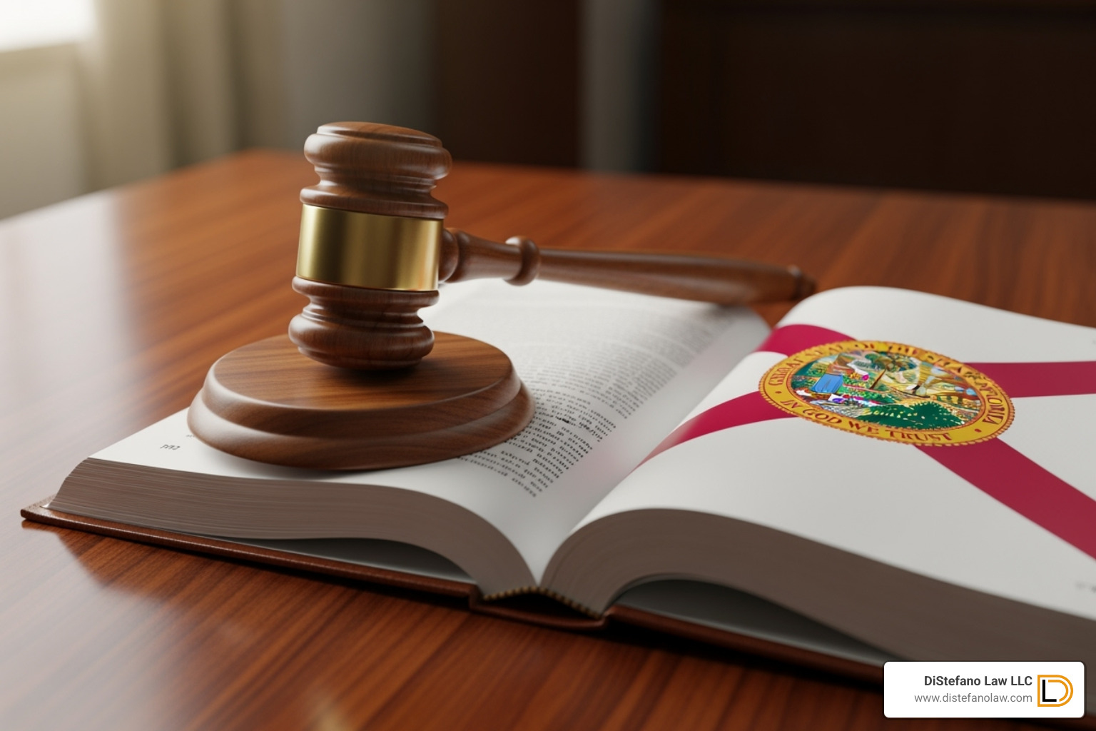 Image of a gavel resting on a law book with the Florida state seal visible - dog bite attorney fort lauderdale