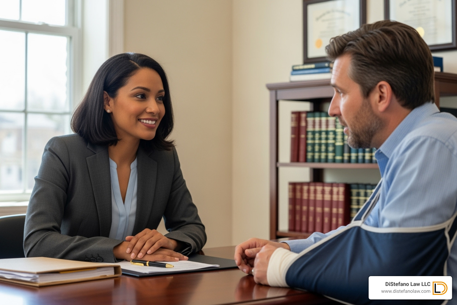 Image of a lawyer compassionately consulting with an injured client in an office setting - dog bite attorney fort lauderdale