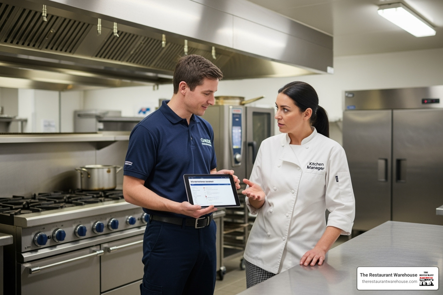 technician using a tablet to show a maintenance report to a kitchen manager - commercial kitchen service company