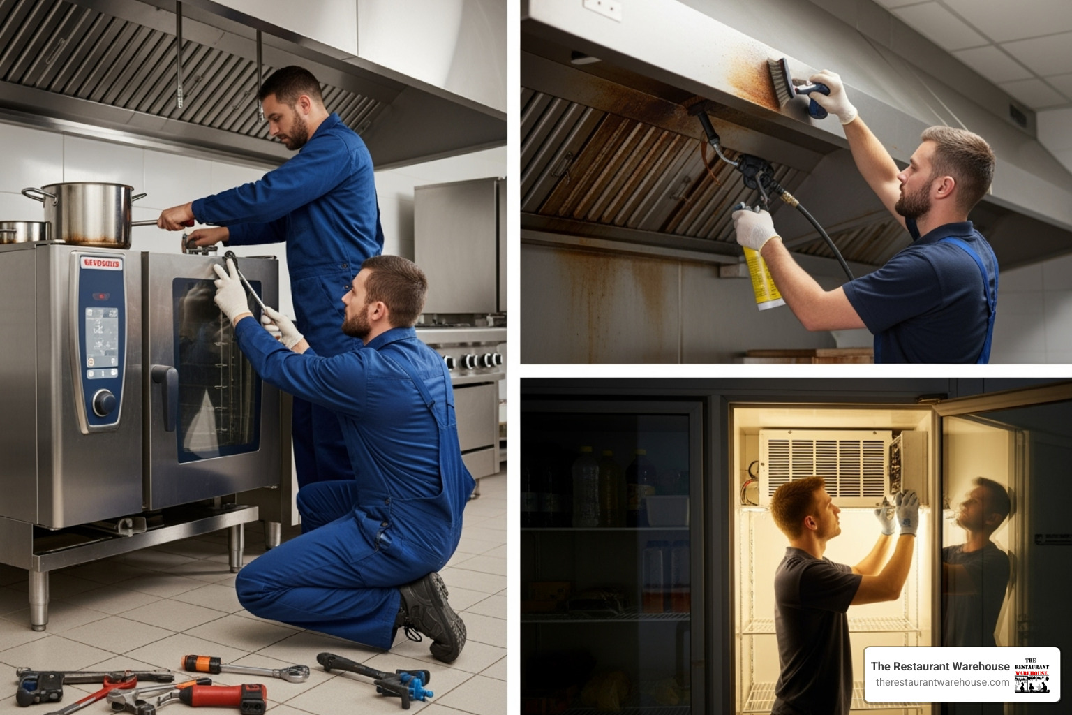 collage showing The Restaurant Warehouse technicians: one installing a fryer, another cleaning a hood vent, and a third repairing a walk-in cooler - commercial kitchen service company