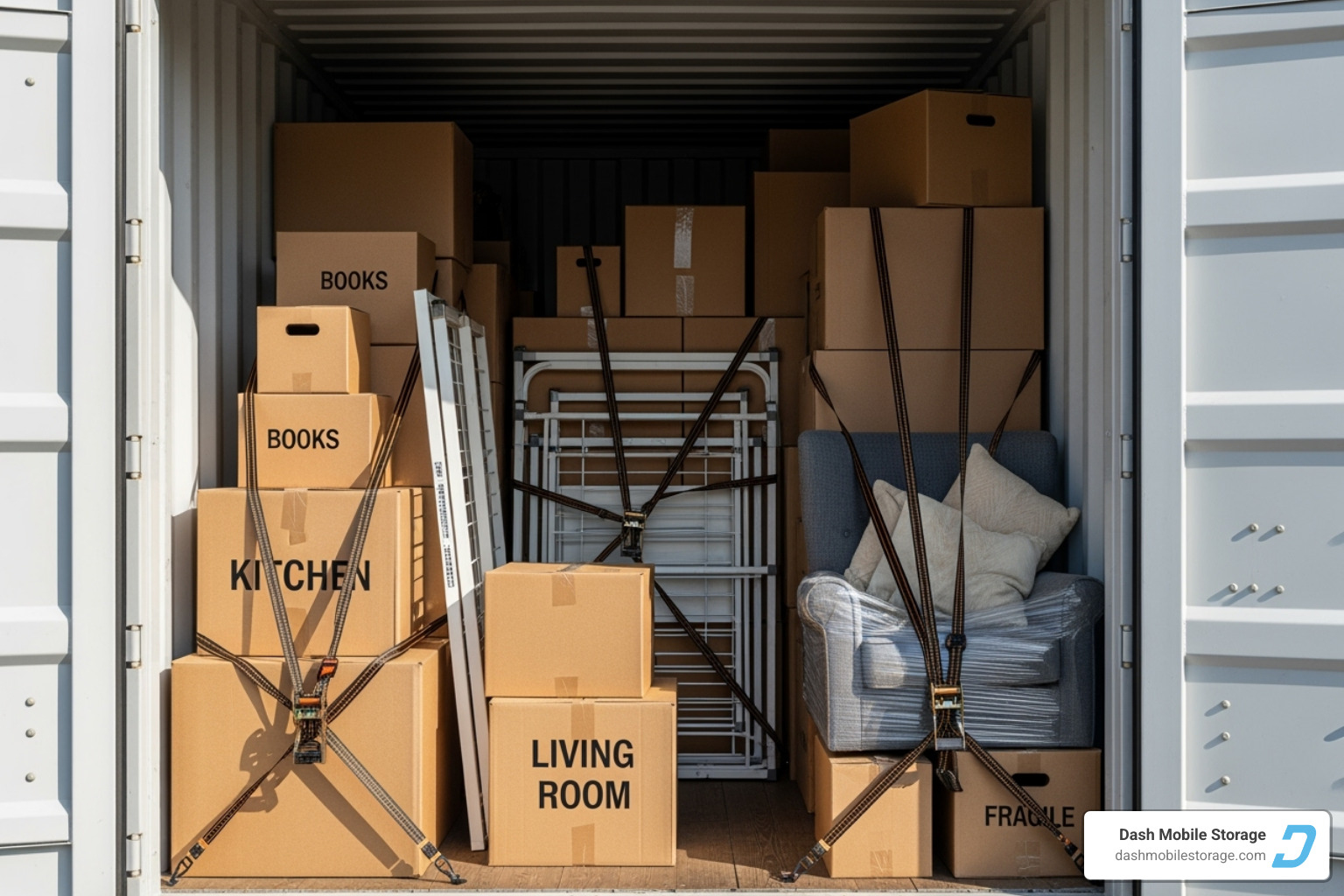 Image of a neatly packed portable storage container with boxes labeled and items secured - portable storage containers