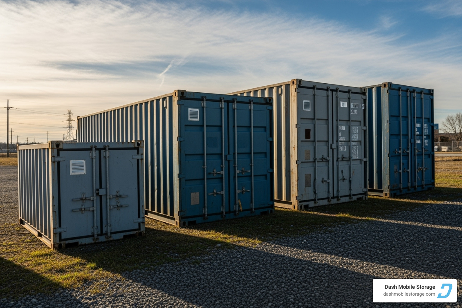Image showcasing various sizes of portable storage containers lined up - portable storage containers