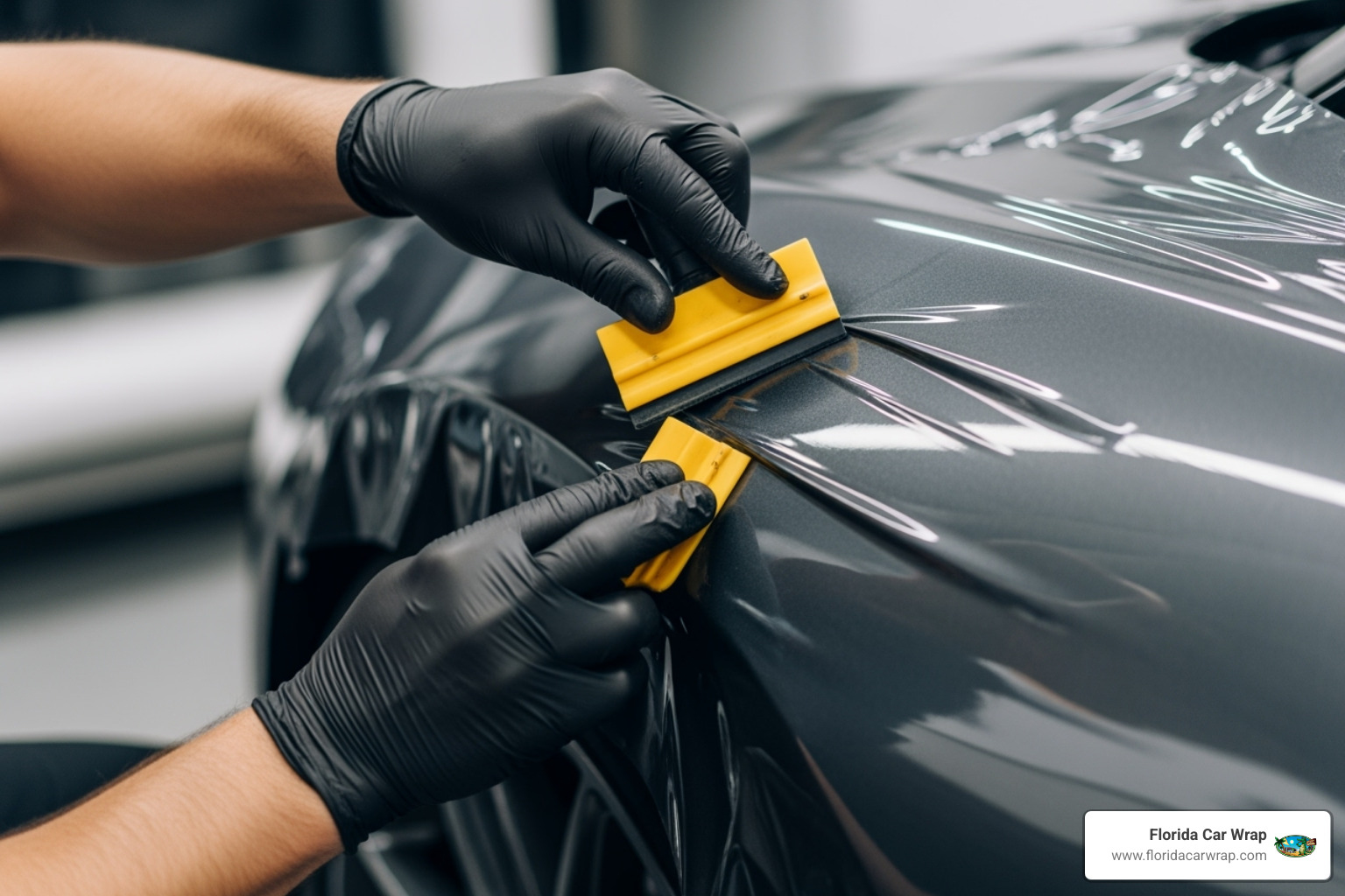 A professional installer carefully smoothing a car wrap with a squeegee, demonstrating precision and expertise on a complex vehicle curve - car wraps davie fl