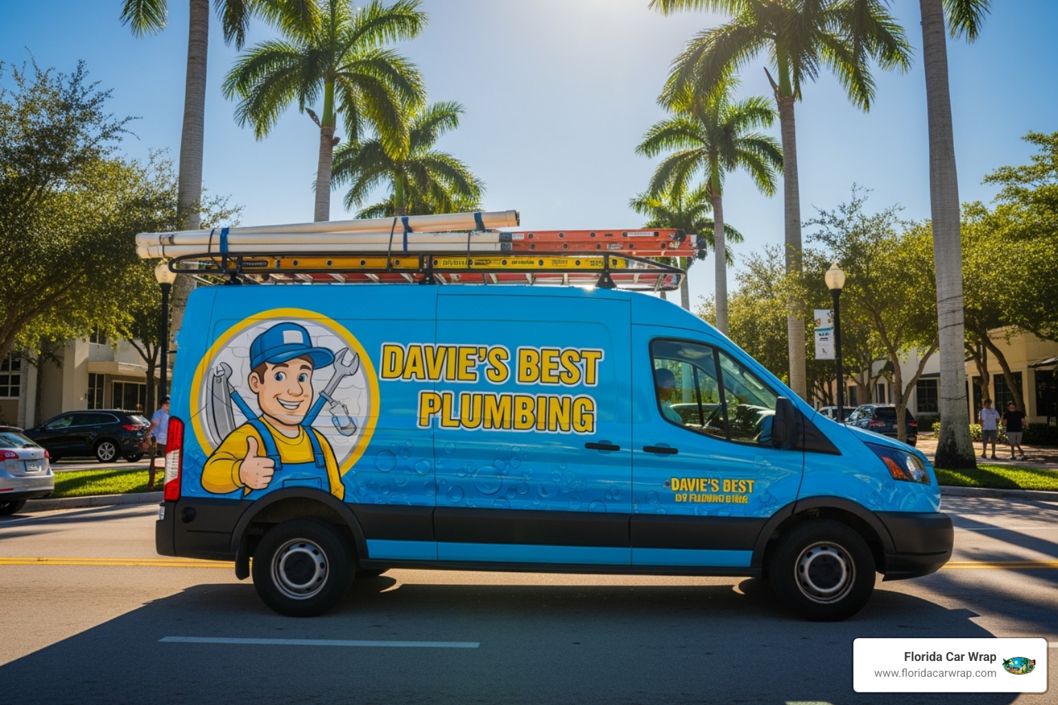A vibrant commercial van with "Davie's Best Plumbing" emblazoned on its side, driving down a sunny, palm-lined street in Davie, FL - car wraps davie fl