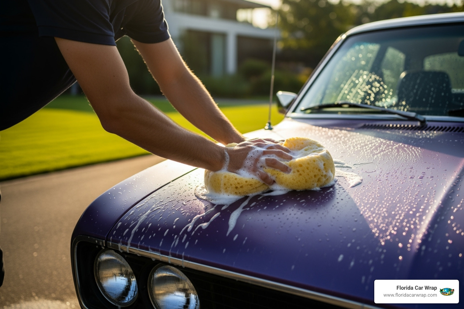 A person gently hand-washing a car wrapped in a vibrant matte finish, using a soft sponge and soapy water, with sunlight glinting off the wet surface - car wraps davie fl