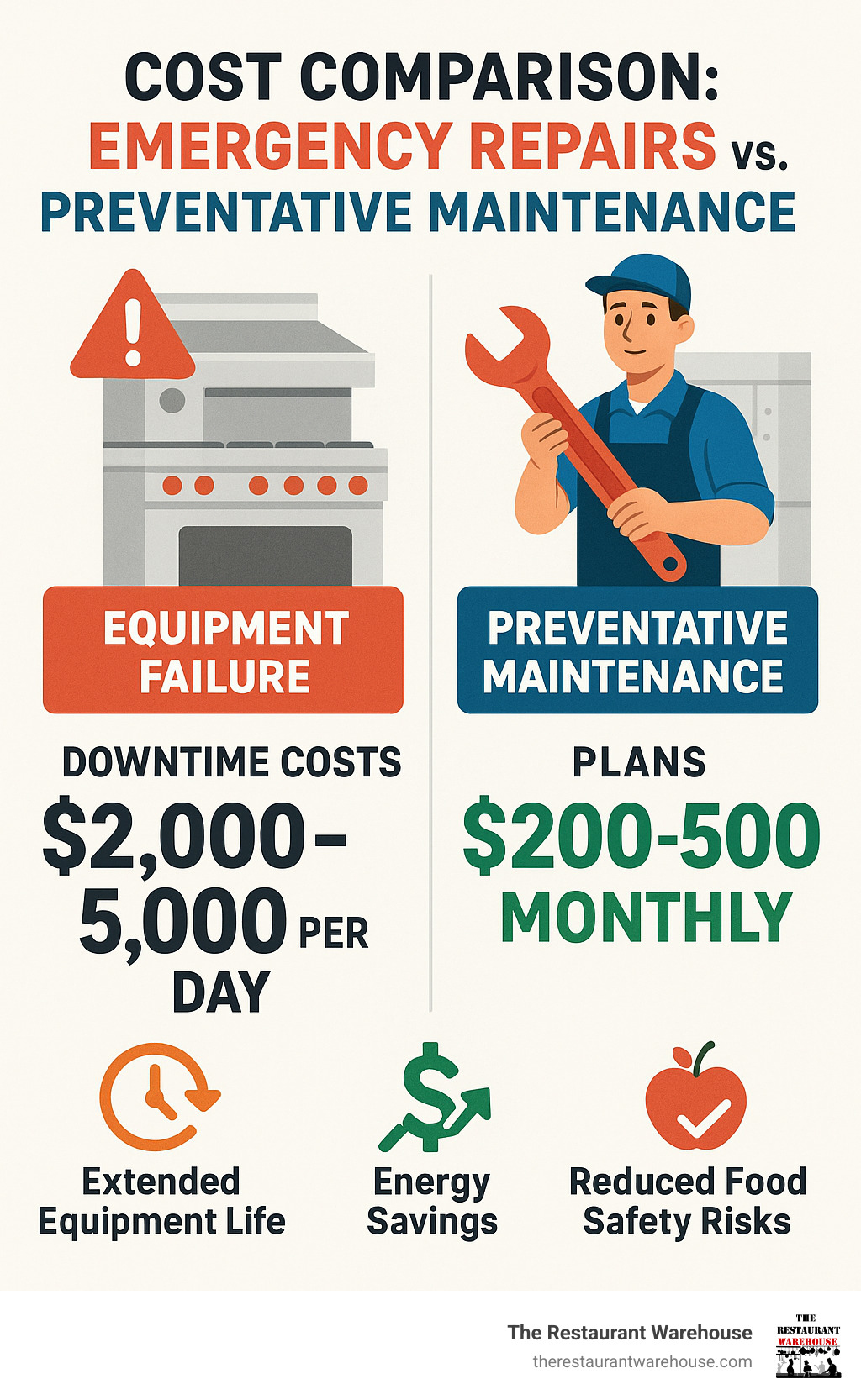 Infographic showing cost comparison between emergency repairs and preventative maintenance, featuring downtime costs of $2,000-5,000 per day for equipment failure versus $200-500 monthly for preventative maintenance plans, with additional benefits like extended equipment life, energy savings, and reduced food safety risks - commercial kitchen service company infographic 