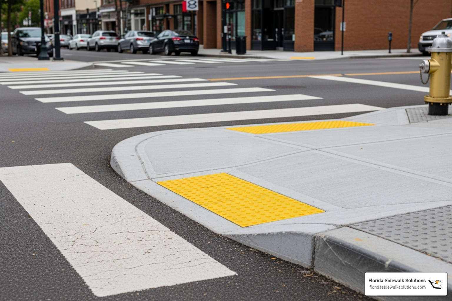 Compliant curb ramp with yellow detectable warning tiles - ada compliant ramp specifications