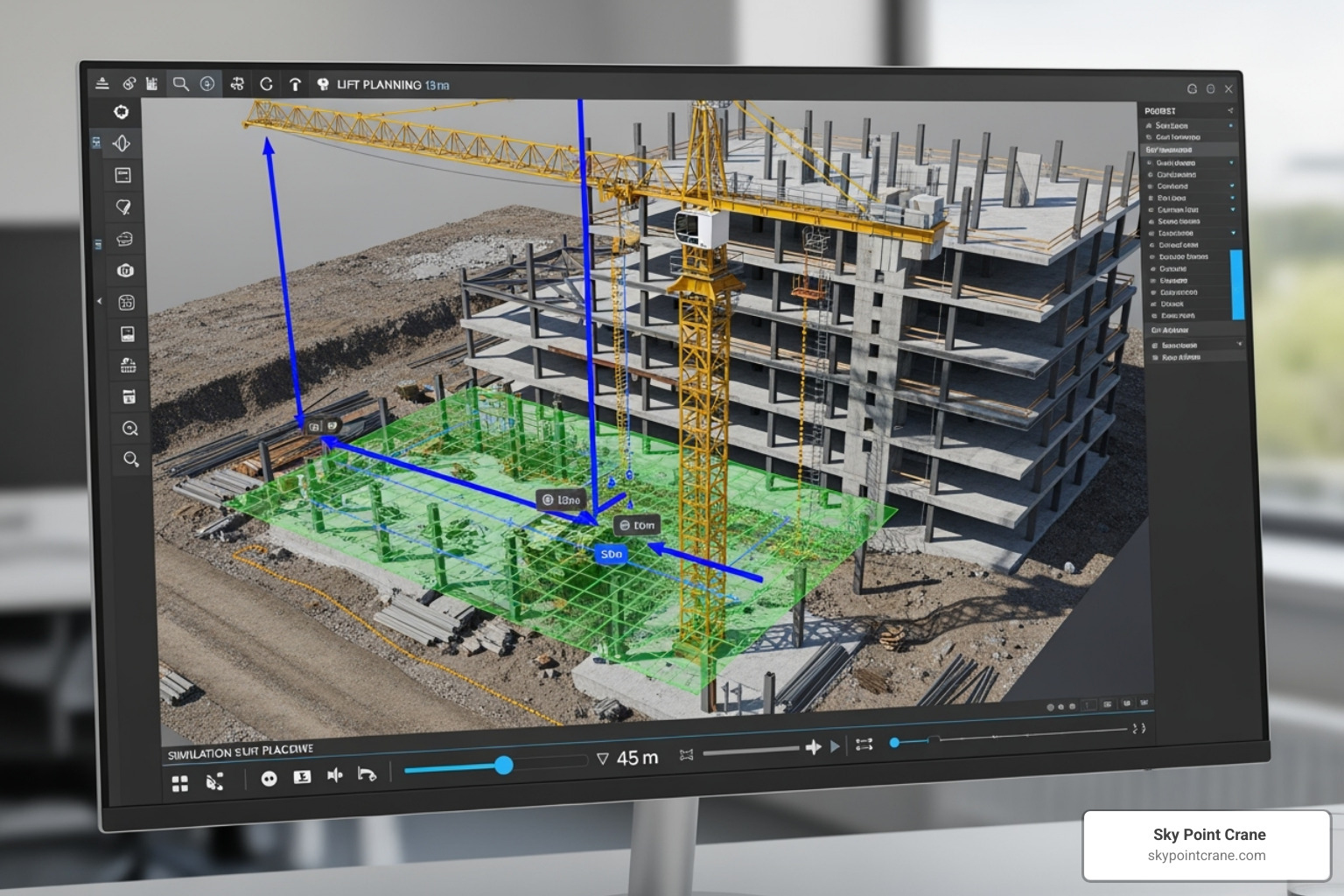 3D lift planning software interface showing a crane and a building - 3D lift planning