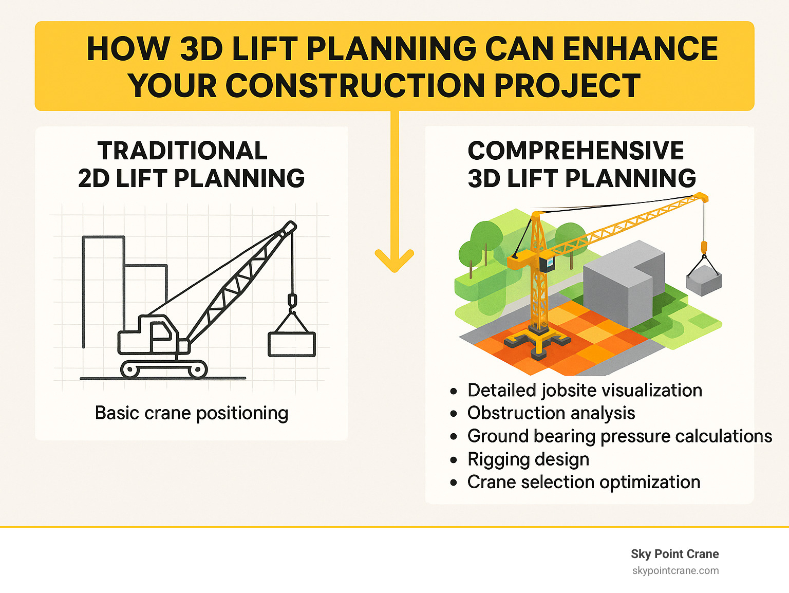 Infographic showing the comparison between traditional 2D lift planning sketches with basic crane positioning versus comprehensive 3D lift planning models that include detailed jobsite visualization, obstruction analysis, ground bearing pressure calculations, rigging design, and crane selection optimization - 3D lift planning infographic 